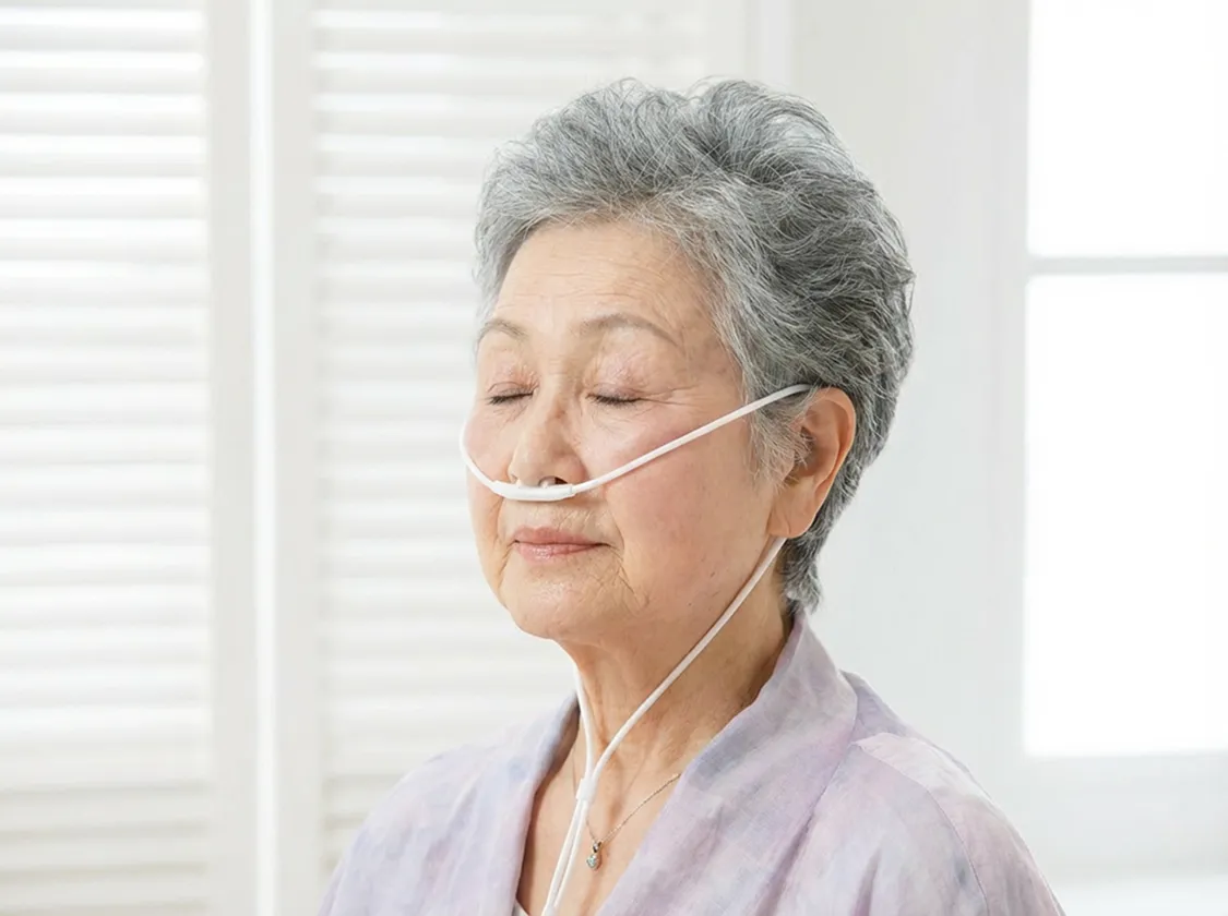 水素飲水器で吸入している女性の画像