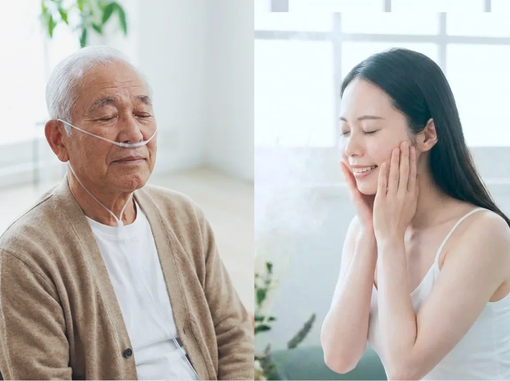 水素ガス生成器でミストを補給している男性と女性の画像